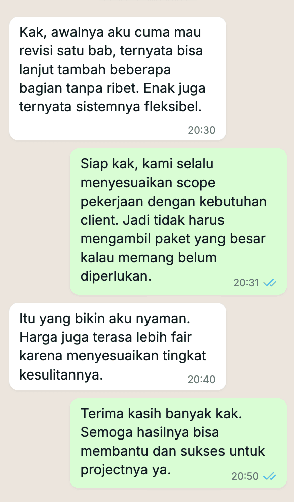 Testimoni klien — konfirmasi pelunasan